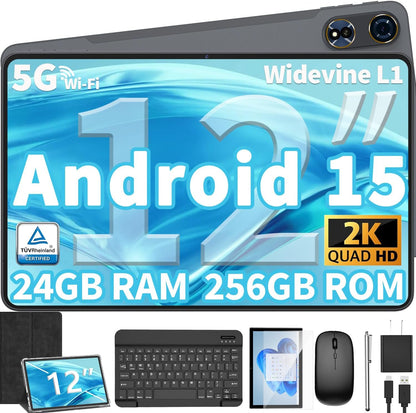 12 Inch Tablet Android 15 Tablets, 2025 Upgraded Android Tablet with Keyboard, 24GB RAM+256GB ROM(1TB Expand), Octa-Core, 2K 2000x1200 Display, 16MP Dual Camera, 8000mAh, 2.4G/5G WiFi, GPS (Black)