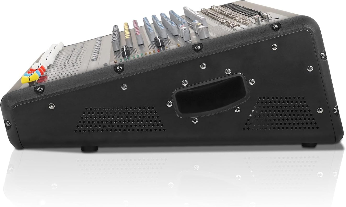 Sound Town 14-Channel 2x800W Powered Mixer w/ 2 Bus, DSP effects, USB, MP3, Dual 7-band EQ, Phantom Power (TRITON-142PW)