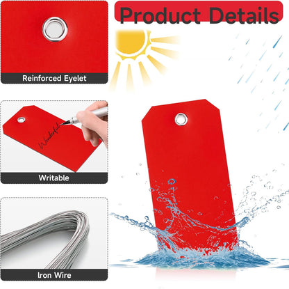 100 Pcs Red Tags with String Blank Shipping Tags with Metal Wire Writable Price Repair Plastic Service for Equipment Product Jewelry Clothing Inventory Car Parts (Red, 4 3/4" x 2 3/8")