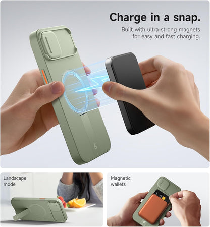 SURITCH for iPhone 14 Plus/15 Plus Case with Magnetic Camera Slide Cover and Adjustable Kickstand, Compatible with MagSafe, Shockproof Bumper Case Slim Protective Cover 6.7 Inch, Green