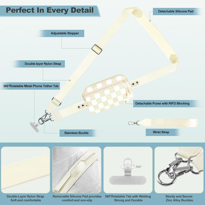 Clip and Go Strap for Phone with Wallet Crossbody, Adjustable Phone Lanyard with Detachable RFID Wristlet Wallet, Phone Strap with Phone Tabs for All Phones, Cream Checkered (L)