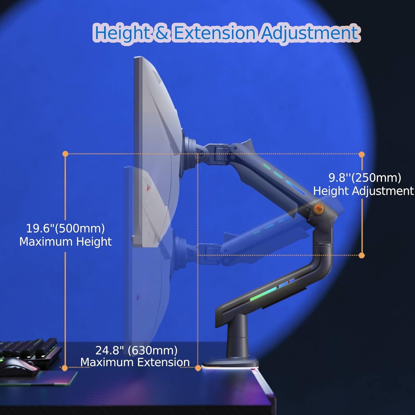 Gaming Monitor Arm for Flat/Ultrawide/Curved Monitors 32 to 60 inch, Heavy Duty Monitor Stand Load up to 20 kg, VESA 75/100 mm Mount (Grey Black)