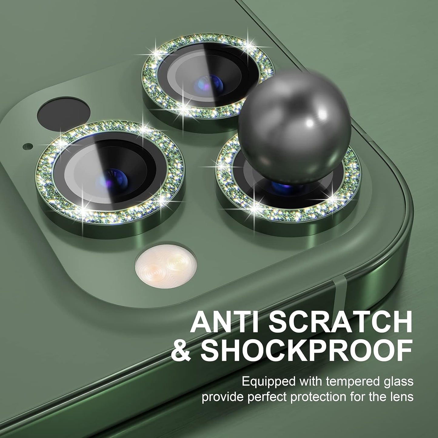 Choiche [3+1 for iPhone 13 Pro/iPhone 13 Pro Max Camera Lens Protector Bling, 9H Tempered Glass Camera Cover Screen Protector Metal Ring Decoration Accessories (Glitter-Alpine Green)