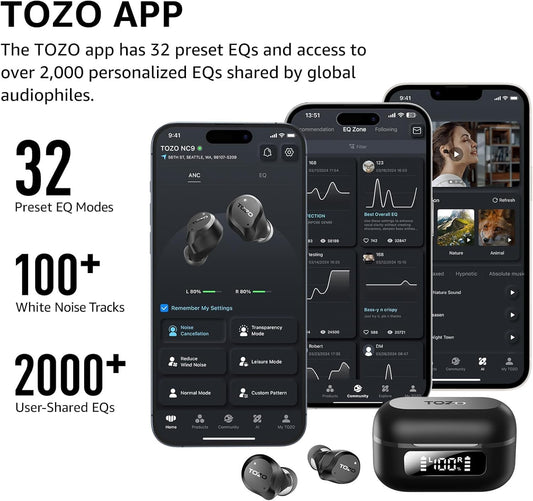 TOZO NC9 Hybrid Active Noise Cancelling Wireless Earbuds, 6 Mics ENC Clear Call, IPX8 Waterproof, in Ear Bluetooth 5.3 Headphones Stereo Bass Ear Buds 59H Playtime with LED Display 32 EQs via APP