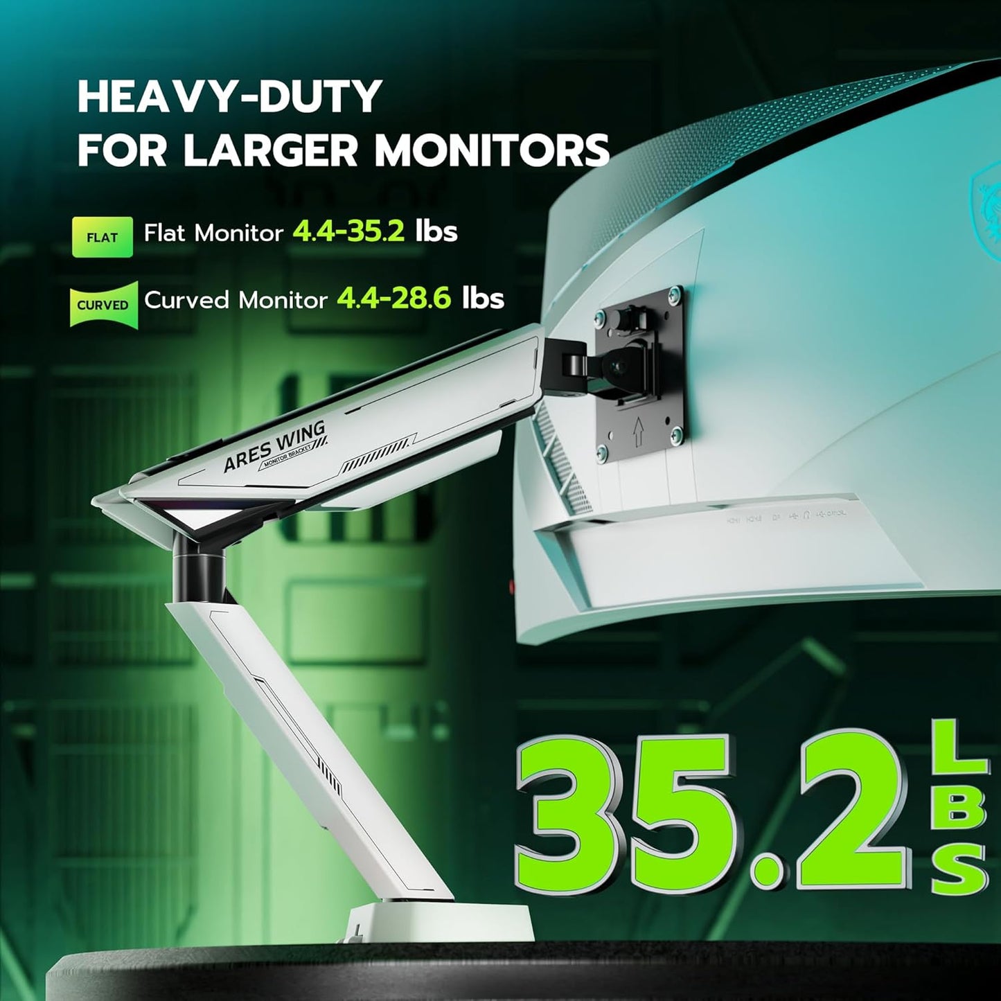 ARES WING RGB Single Monitor Arm Desk Mount for 17-45 inches Flat and Curved Monitors, Holds 35.2 lbs Heavy Duty, Adjustable Ultrawide Monitor Arm with Clamp & Grommet Base, 75/100 VESA Mount, White