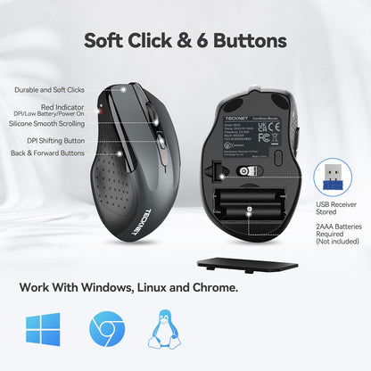 TECKNET Wireless Mouse, 2.4G Ergonomic Optical Mouse, Computer Mouse for Laptop, PC, Computer, Chromebook, Notebook, 6 Buttons, 24 Months Battery Life, 2600 DPI, 5 Adjustment Levels