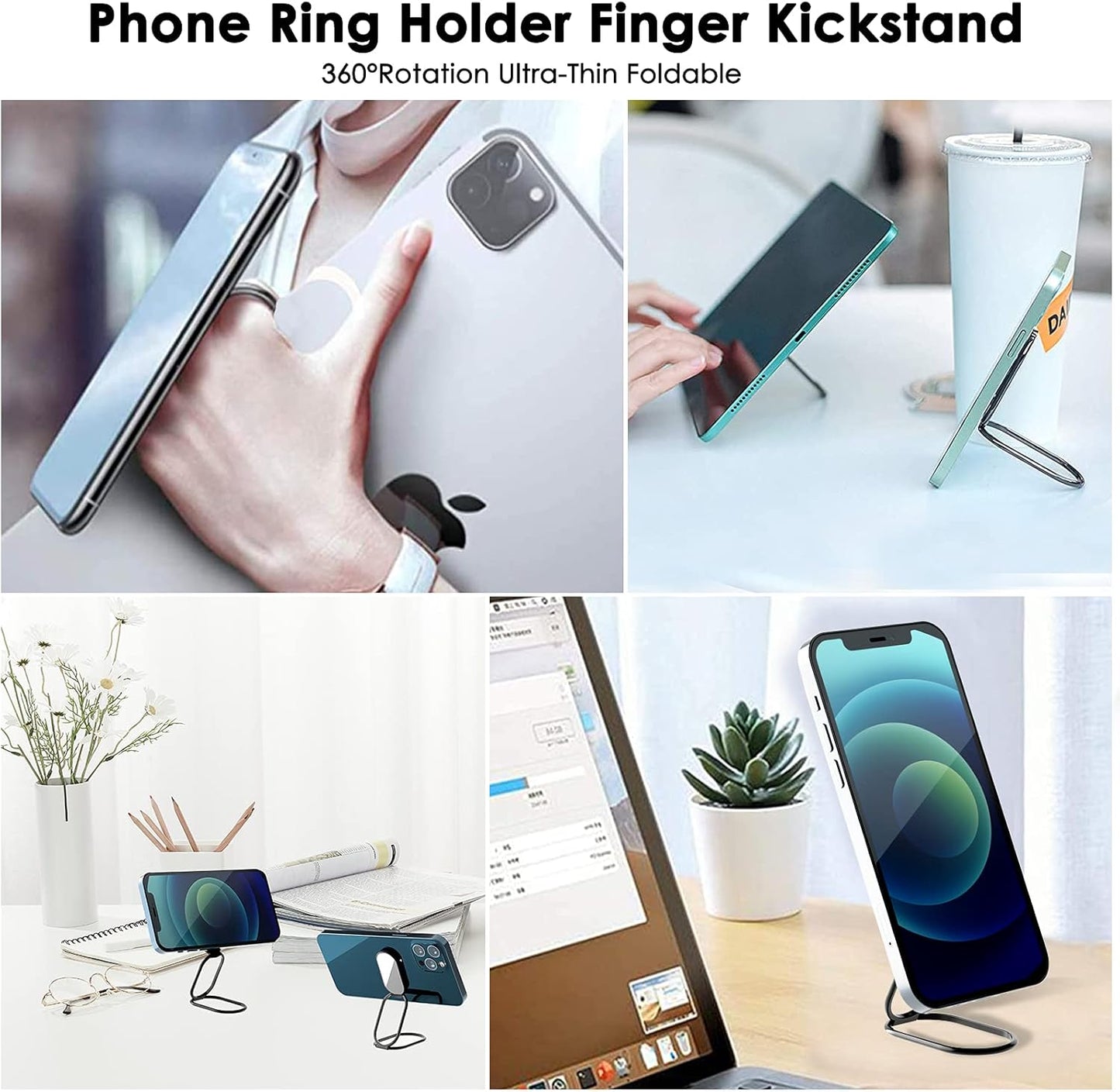 Phone Ring Holder Finger Kickstand, 360° Rotation Cell Phone Ring Holder Stand Metal Phone Back Grip for Magnetic Car Mount Foldable Cell Phone Stand Compatible with Most Smartphones