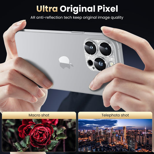 WSKEN for iPhone 16 Pro/iPhone 16 Pro Max Camera Lens Protector, [Military Grade Shatterproof] [Strong Adsorption] Metal Aluminum Alloy Tempered Glass Camera Screen Protector, Glitter