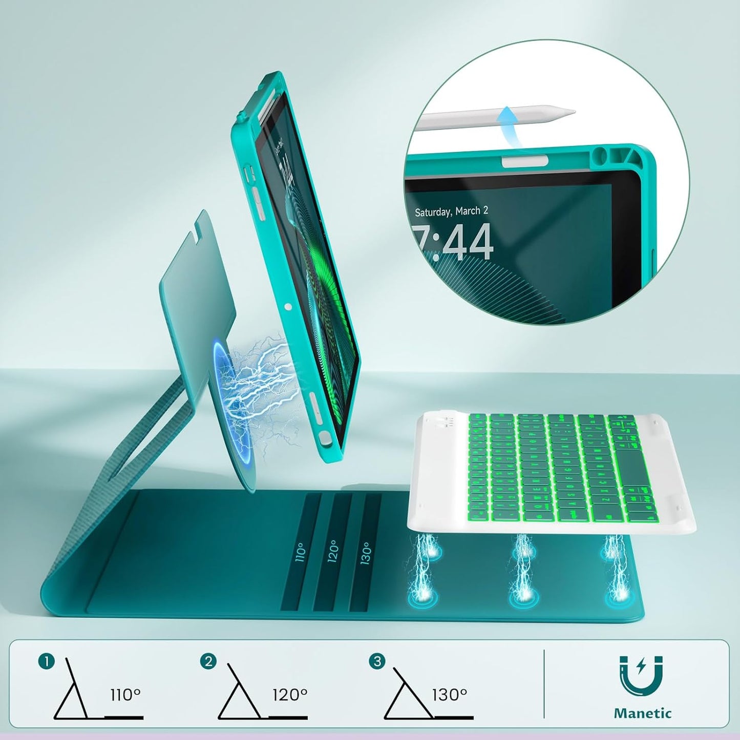 OYEEICE for iPad 9th Generation Case with Keyboard - Detachable Wireless Backlit Keyboard, Upgraded Magnetic Cover with Pencil Holder for iPad 9th/8th/7th Gen, iPad Pro 10.5" & iPad Air 3rd Gen - Teal