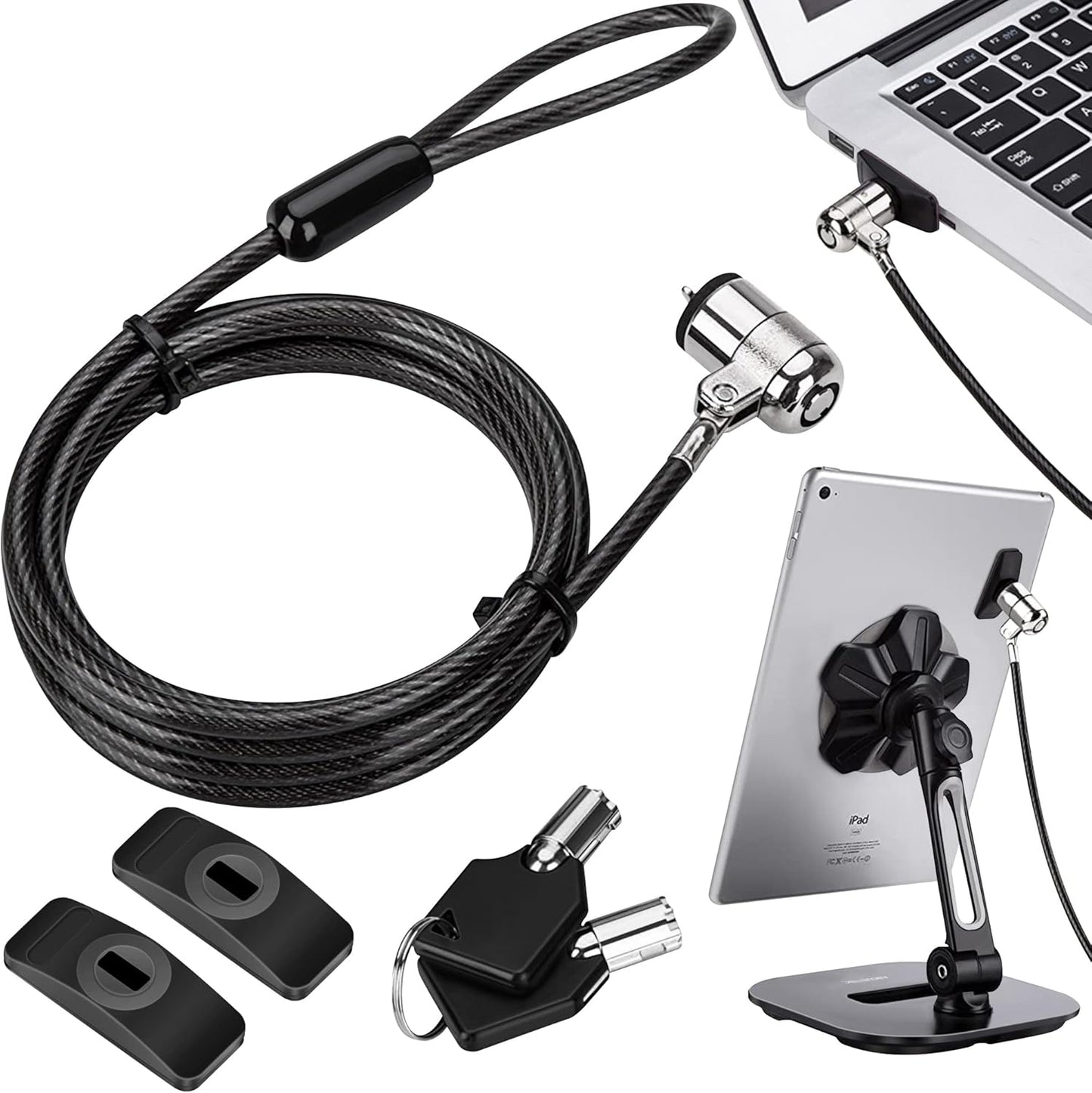 AboveTEK Laptop Lock, Tablet Lock Security Cable, 2 Keys Sturdy Steel iPad Locking Kit w/Adhesive Anchors, Anti Theft Hardware Protection for iPhone Mobile Notebook Computer Monitor MacBook Laptop