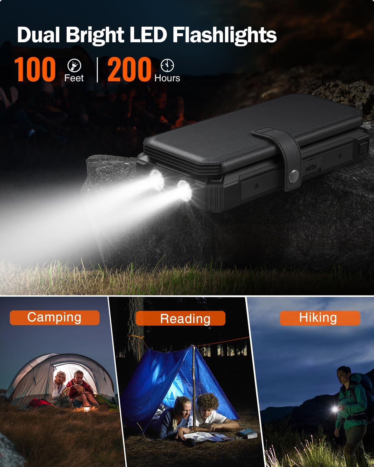 GOODaaa Solar Charger Power Bank, Portable Wireless Charger 36800mAh with Five Solar Panels Built-in Four Cable Five Outputs Outdoor Battery Pack for Cell Phone with Dual Flashlights, Carabiner