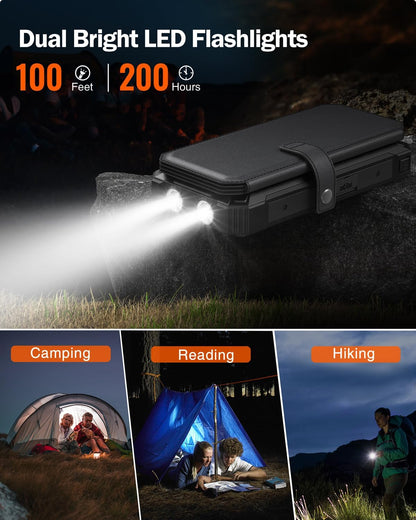 GOODaaa Solar Charger Power Bank, Portable Wireless Charger 36800mAh with Five Solar Panels Built-in Four Cable Five Outputs Outdoor Battery Pack for Cell Phone with Dual Flashlights, Carabiner