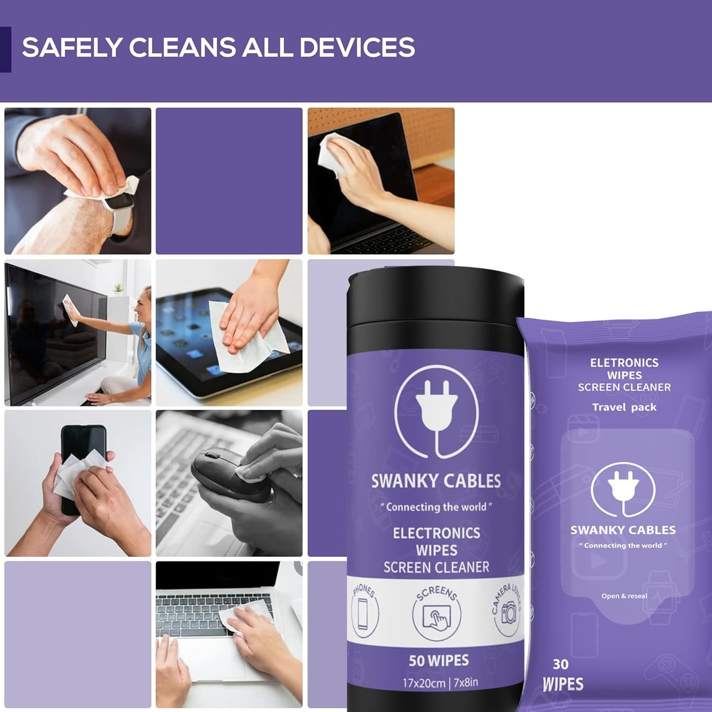 Screen Cleaner Wipes Bundle - Electronic Wipes for Screens, Computer, Phone, TV, Monitor and Lens, Tech Cleaning Supplies, Includes Microfiber Cloth - 1 Canister & 1 Soft Wipes
