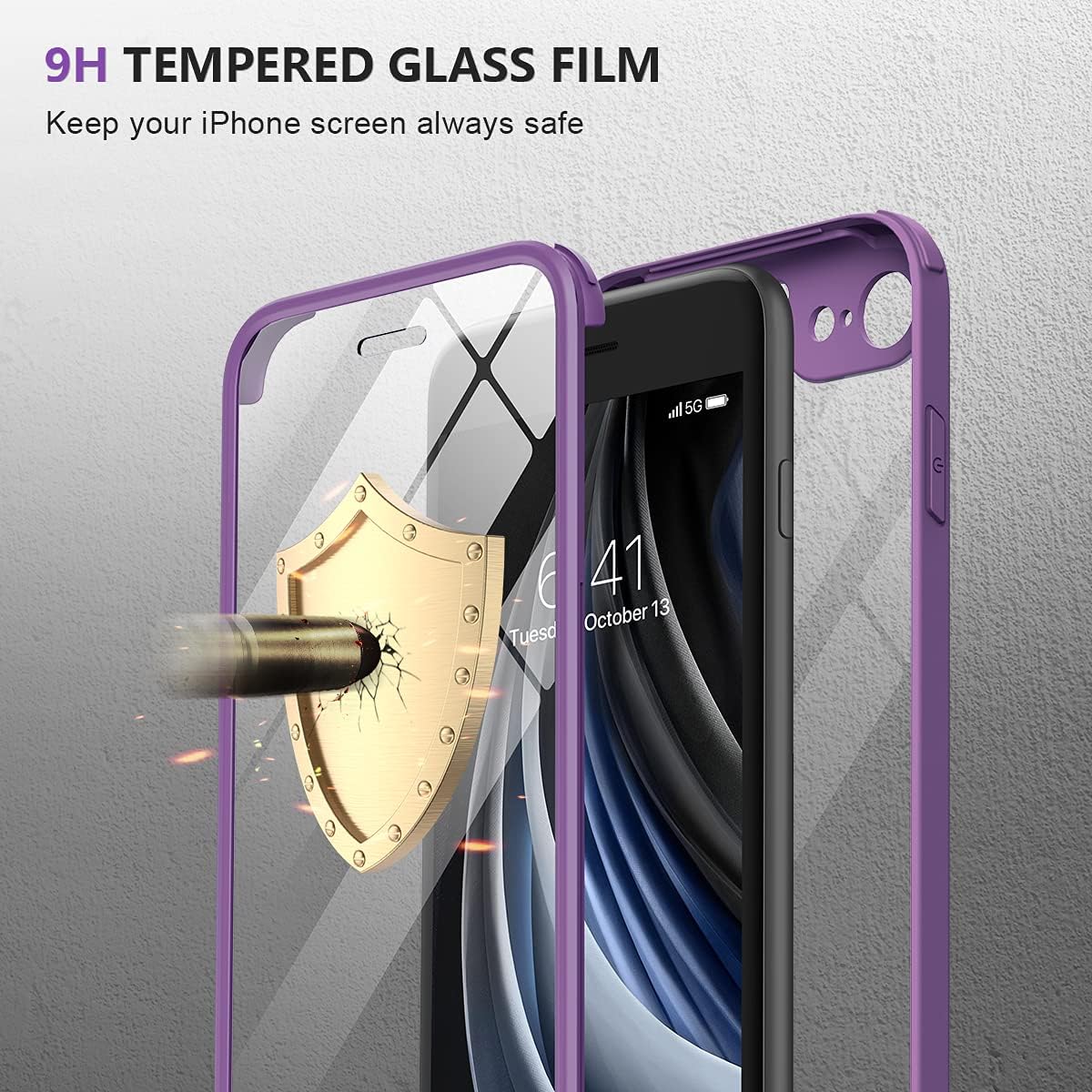 Miracase for iPhone SE Phone Case 3rd/2nd Generation 2022 2020 Full-Body with Built-in Glass Screen Protector, Heavy Duty 360° Protective Shockproof Bumper Cover for iPhone 8/SE, Purple