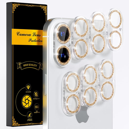 beuxece for 6 Pack iPhone 16 / iPhone 16 Plus Camera Lens Protector [Drop Protection] [Case Friendly] [Easy Installation] 9H Tempered Glass Camera Screen Protector Cover Accessories, Glitter Gold
