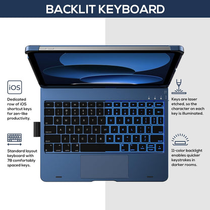 typecase Touch iPad 10th Generation Case with Keyboard (10.9", 2022) and iPad A16 (11th Gen, 2025) – 360° Rotatable, 11-Color Backlit, Multi-Touch Trackpad, Thin & Light (Midnight Blue)