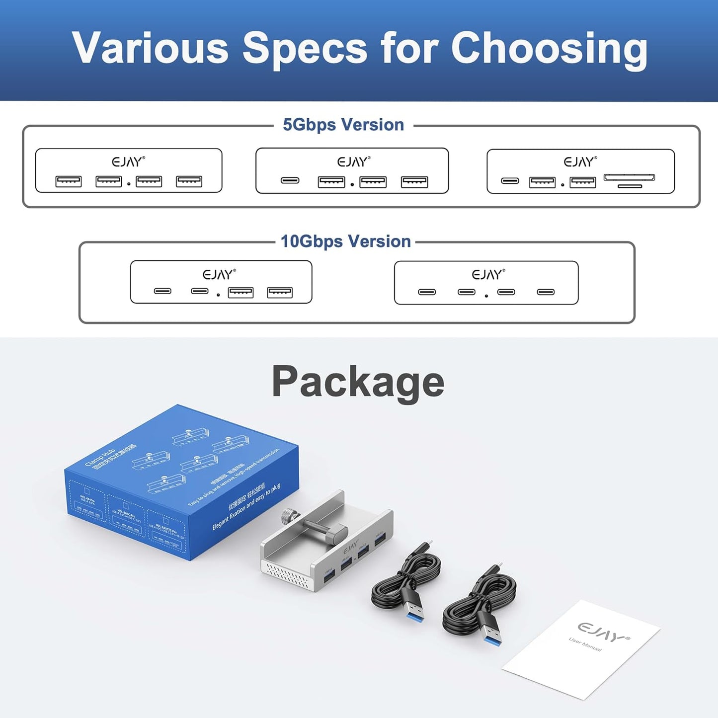 USB HUB3.0,Clamp USB HUB,Aluminum 4-Port USB Adapter with Extra Power Supply Port and 2pcs Long Cable(59inches Data & 39inches Power Cables) for iMac,Laptop,MacBook Pro,Dell,Xbox,HDD/U Disk etc