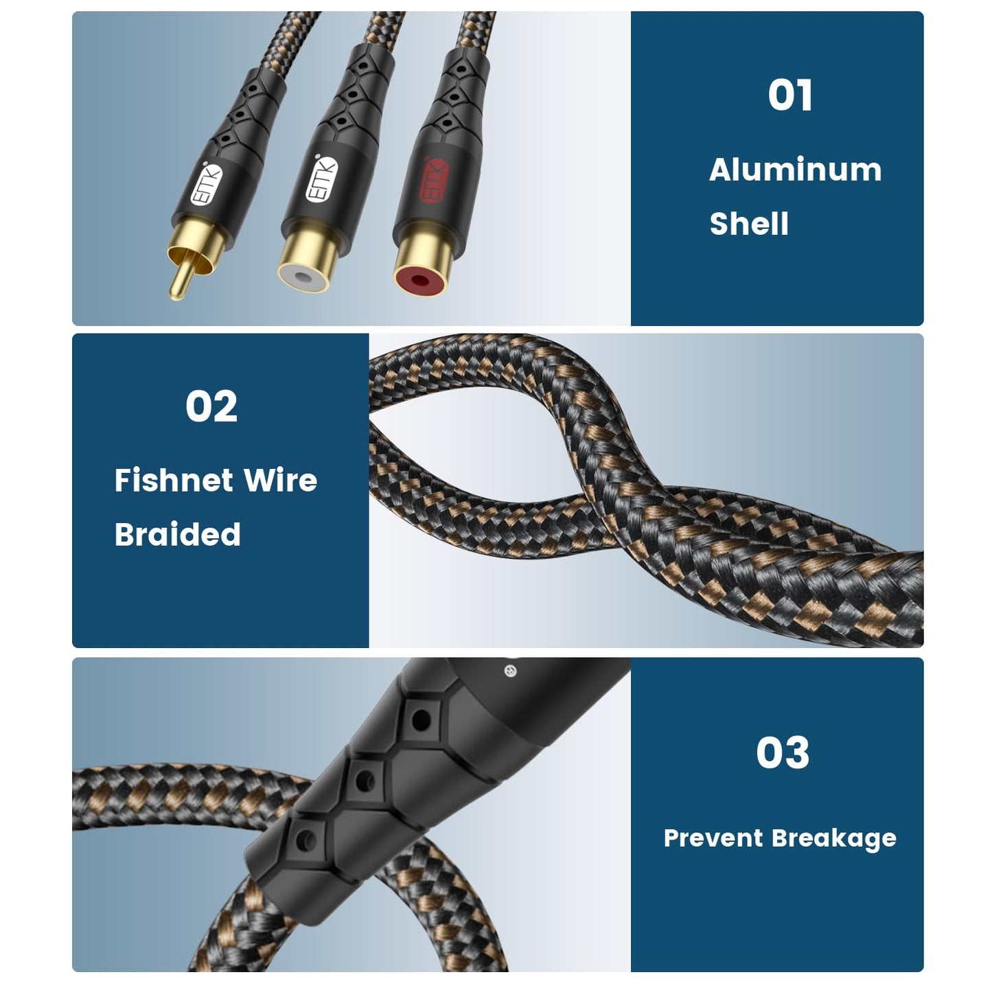 RCA Splitter Cable 1 Male to 2 Female Y Adapter with Copper Shell & 24K Gold-Plated Connector RCA Male to Dual RCA Female Extension Cord Black/1ft/0.3m