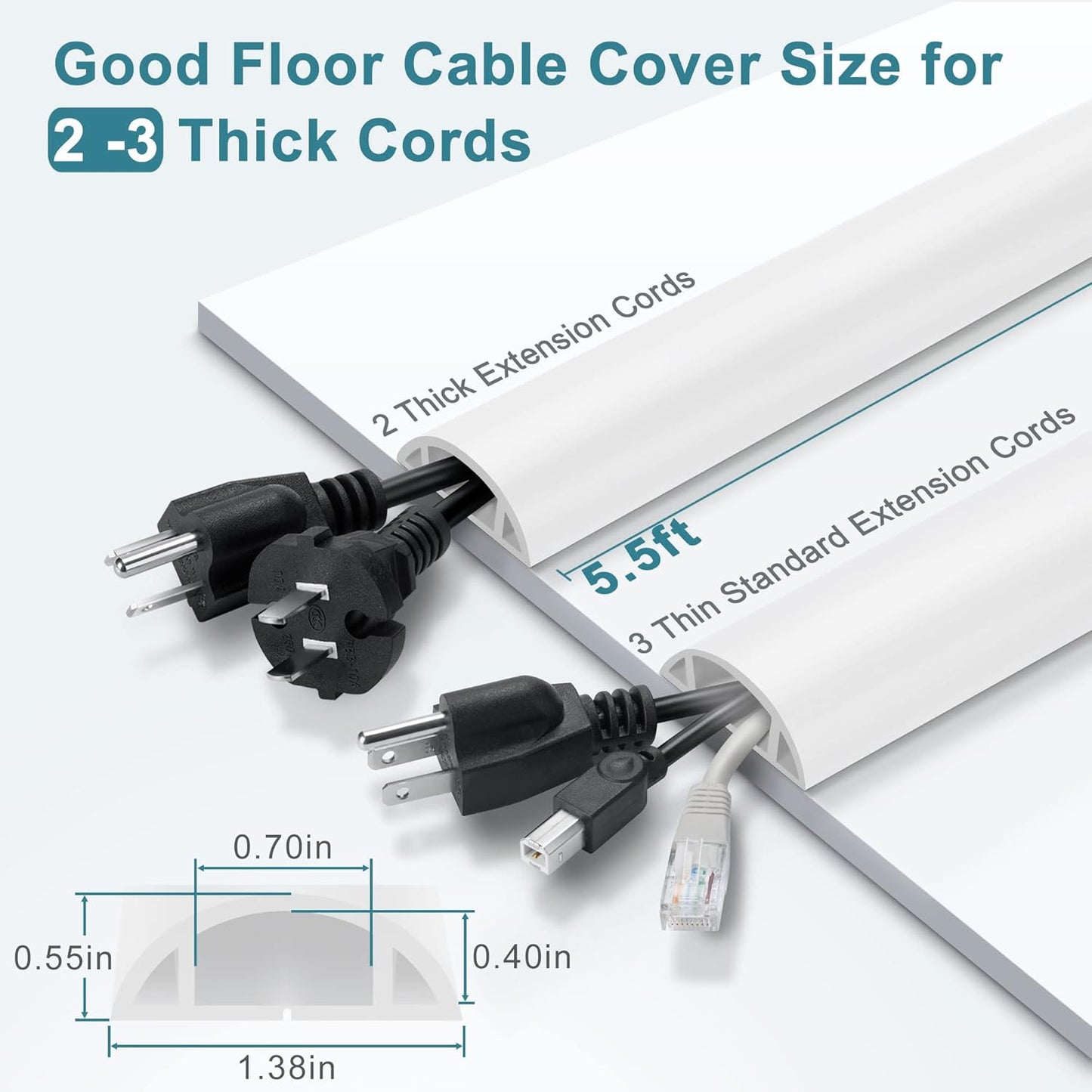 5.5FT Floor Cord Cover, White Soft Cable Cover Floor, Large Size Extension Cord Covers for Floor, Power Cord Protector Floor Wire Cover - Cord Channel Diameter: 0.7" (W) x 0.4" (H)