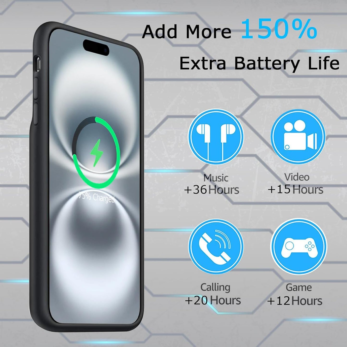 Battery Case iPhone 16 Plus, Upgraded 12000mAh Rechargeable Portable Extended Battery Pack Supported Qi Wireless Charging Case Compatible with iPhone 16 Plus (6.7 inch) Charger Case Power Bank (Black)