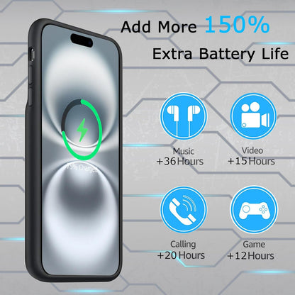 Battery Case iPhone 16 Plus, Upgraded 12000mAh Rechargeable Portable Extended Battery Pack Supported Qi Wireless Charging Case Compatible with iPhone 16 Plus (6.7 inch) Charger Case Power Bank (Black)