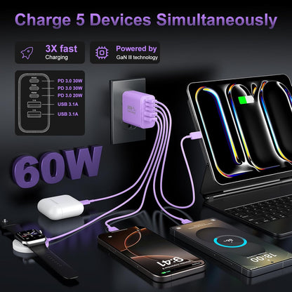 USB C Fast Wall Charger Block, 2Pack 60W USBC Charging Cubes, 5-Port PD+QC Power Adapter Multiport Brick Type C Box Plug for Phone 16/15/14/13/12/11/Pro Max/Plus, Pad Mini/Pro/S25/S24-Purple