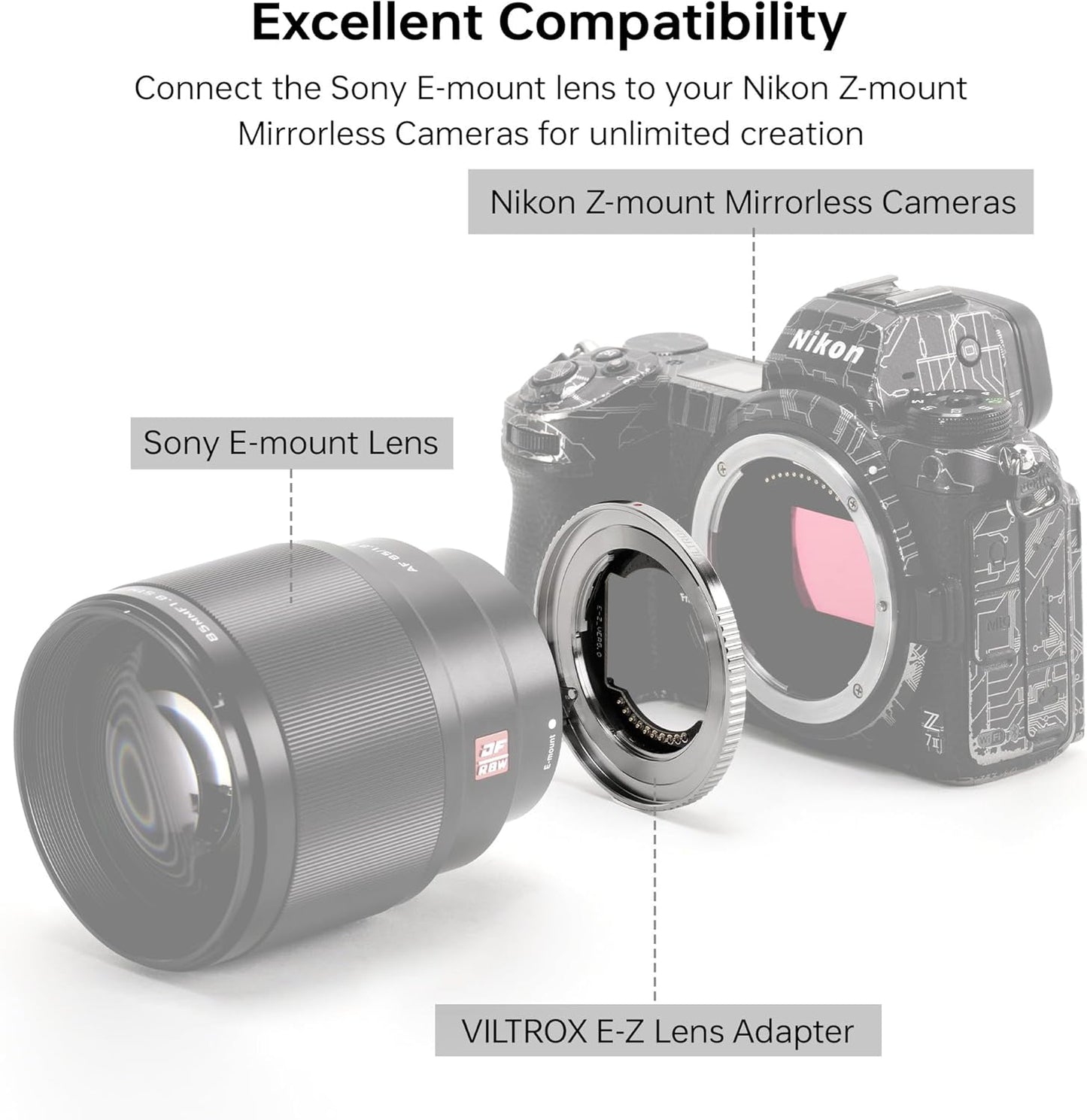 VILTROX E-Z Lens Adapter, E-Mount Lens to Z-Mount Camera Auto Focus Lens Adapter Compatible with Sony E-Mount Lens to Mirrorless Nikon Z-Mount Cameras Z5 Z50 Z6 Z6II Z7 Z7II Zfc