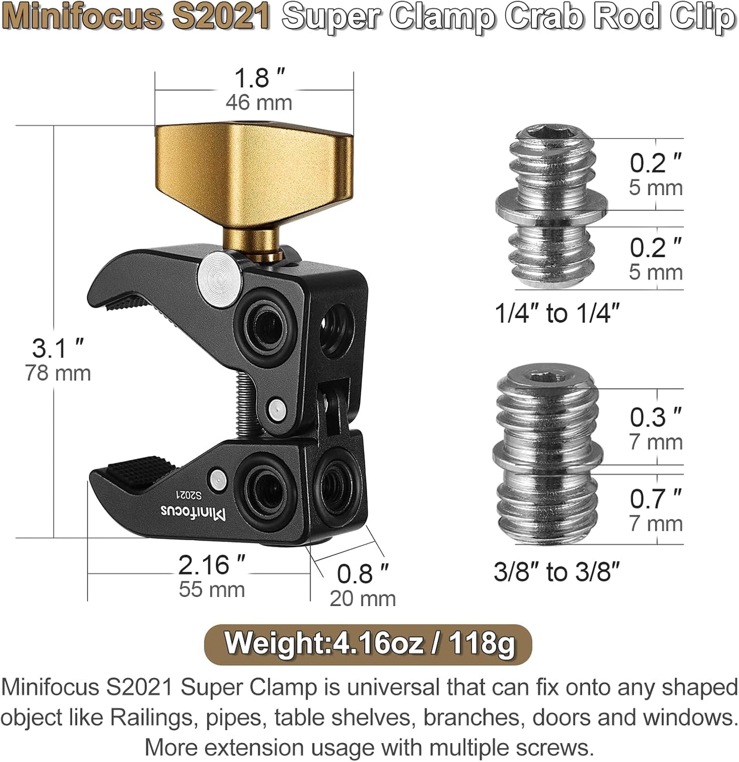 MINIFOCUS Super Clamp Mount, Tripod Clamp with 1/4" & 3/8" Threaded Holes, 3/8" Locating Pin for ARRI Standard, T-Shaped Wingnut and Silicone Pad, Versatile Crab Clip Strong Clamp for Camera/LED Light