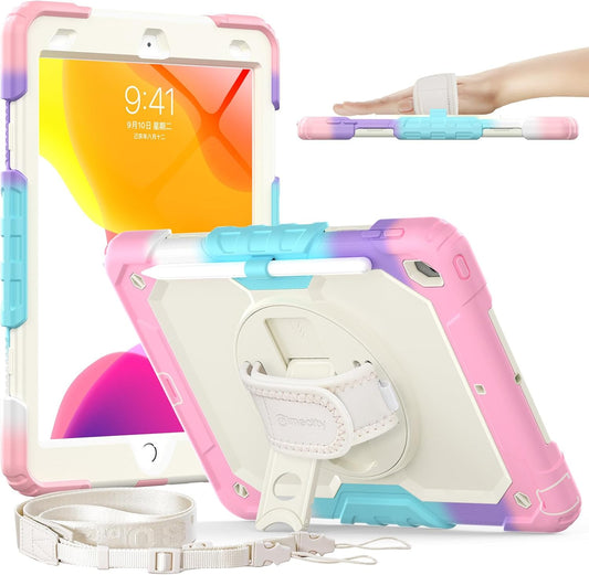 Timecity Case for iPad 9th/ 8th/ 7th Generation 10.2 inch - Heavy Duty Protective Cover with Screen Protector, Rotating Stand, Shoulder Strap & Pencil Holder | Kids-Friendly (Pink Camo)