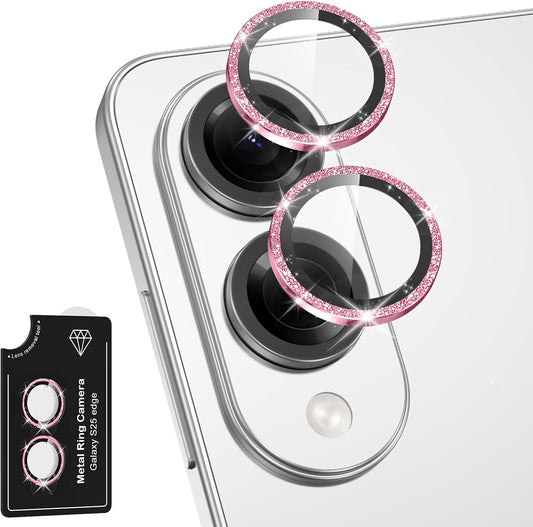 for Samsung Galaxy S25 Edge Camera Lens Protector, Individual Metal Ring Tempered Glass Lens Cover, [Strong Adsorption] Scratch Resistant Ultra-Thin HD Clear Lens Cover, 1 Set-Pink Sparkly
