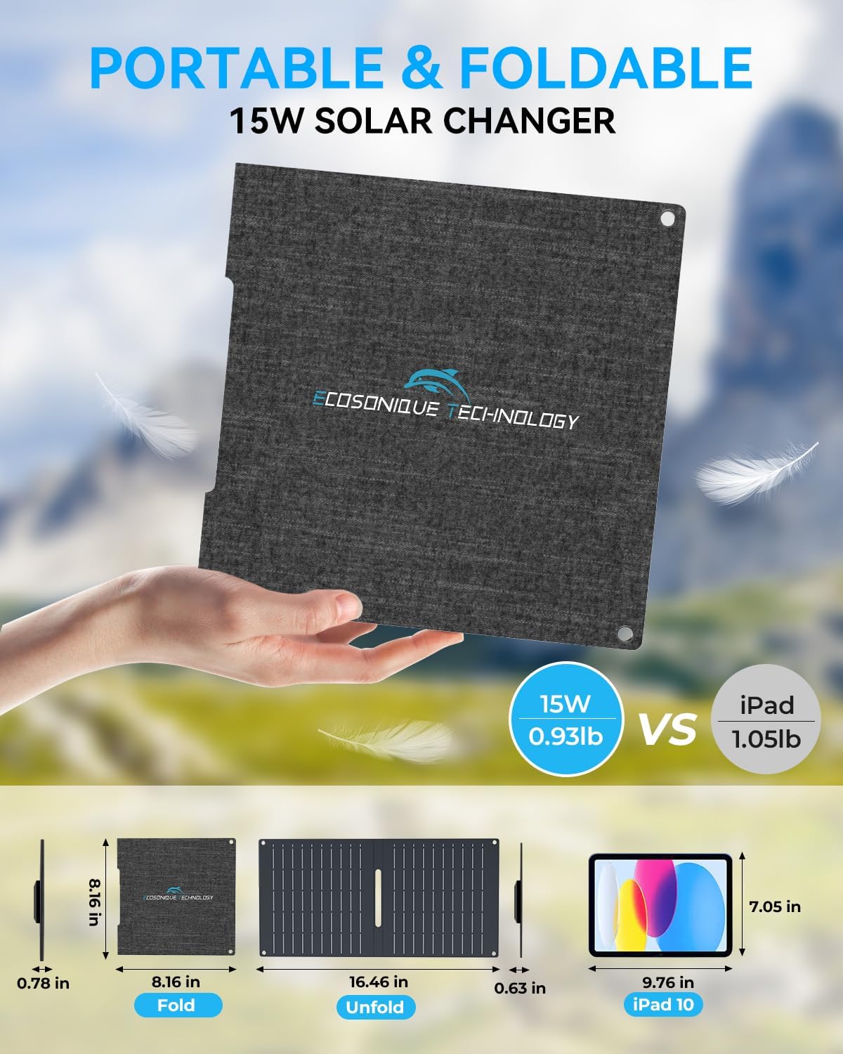 Ecosonique 15W Small Solar Charger Panels with USB C USB A Fast Charging Foldable Emergency Power Panels for Camping Backpacking Compatible with Cell Phone, iPhone, Samsung Galaxy, Google Pixel, LG