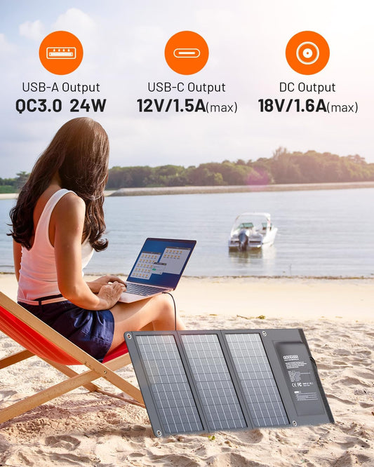 GOODaaa 30W Portable Solar Panel with Three Outputs, USB QC 3.0 Fast Charging Foldable Solar Charger, IP65 Waterproof Panels for Outdoor, Dual USB & One DC Charger for Phones, Tablet, Power Station