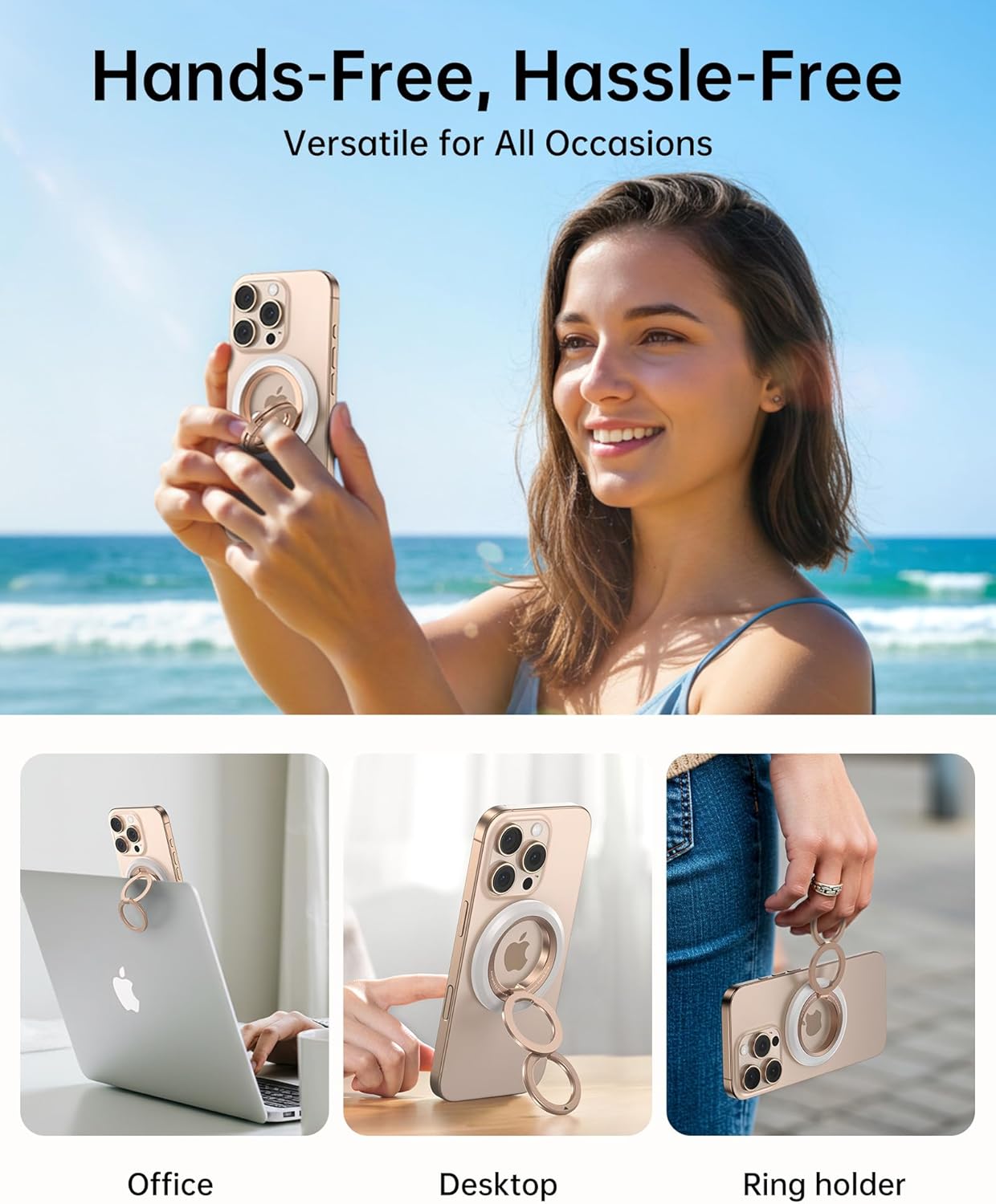 SYNCWIRE Magnetic Phone Ring Holder for MagSafe, 360° Rotation Dual Sided Magnet Grip Cell Phone Ring Stand Finger Kickstand Compatible with iPhone 16 15 14 13 12 Pro Max fits MagSafe - Pearl Gold