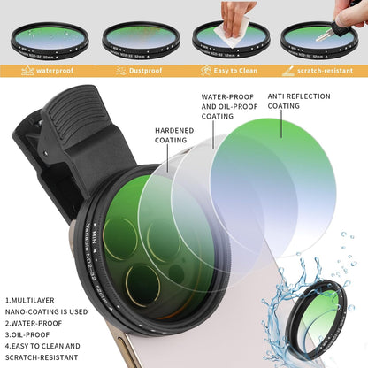 52MM Variable ND2-32 Filter for Phone, Multi-Coating Clip-On Variable Neutral Density Lens Kit, Compatible with iPhone 16/15/14/13 Pro Max, Samsung Galaxy, Google Pixel and Other Smartphone