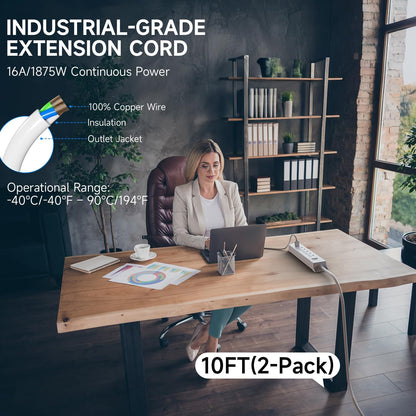 [2-Pack] 10 Ft Power Strip Surge Protector with USB Ports, Flat Plug Extension Cord, 5 AC Outlets and 3 USB Charging Ports, Wall Mountable, ETL Listed – White for Home, Office, Dorm