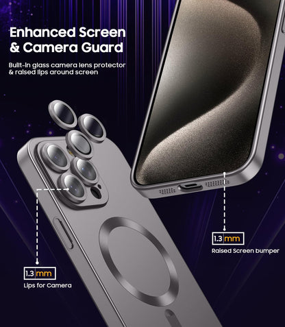 Magnetic for iPhone 15 Pro Max Case [Compatible with MagSafe][Built-in Camera Lens Protector] Slim Soft Silicone Bumper Shockproof Metallic Luster Phone Case (Titanium Gray)
