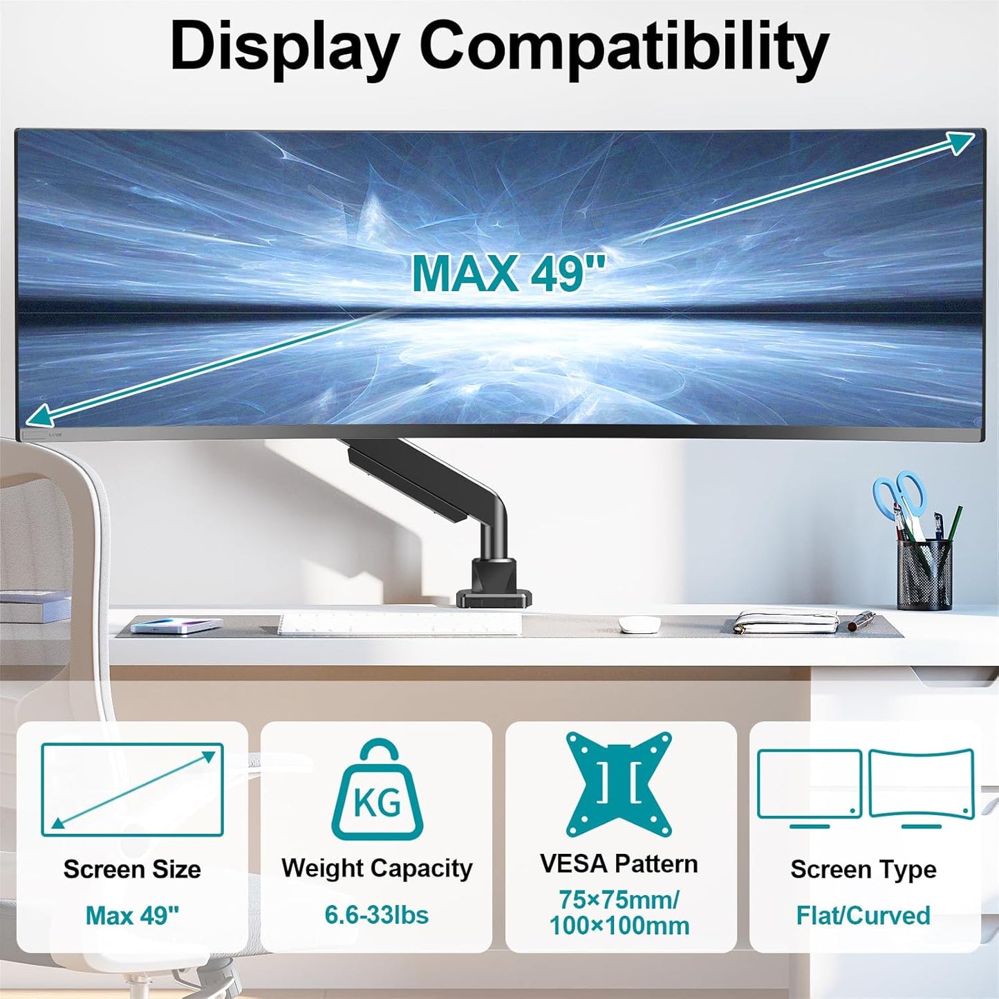 MOUNT PRO Heavy Duty Monitor Mount for Max 49 inches Ultrawide Screens, Single Monitor Arm Desk Mount Holds 6.6 to 33lbs, Fully Adjustable Computer Stand with C-Clamp, VESA 75x75 or 100x100mm