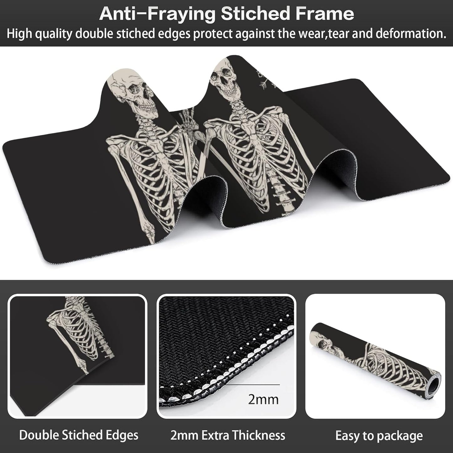 Human Skeletons Best Friends Desk Mat,Large Gothic Human Skeleton Gaming Keyboard Mouse Pad,Non-Slip Rubber Base Desk Pad Thick Stitched Edges Waterproof Mousepad Mouse Mat 31.5"x11.8"