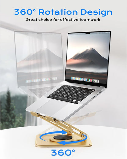 Adjustable Laptop Stand, Computer Stand with 360 Rotating Base, Ergonomic Laptop Riser Mount for Desk Foldable Protable Computer Desk Fits with MacBook Pro Air (10-16") - Gold