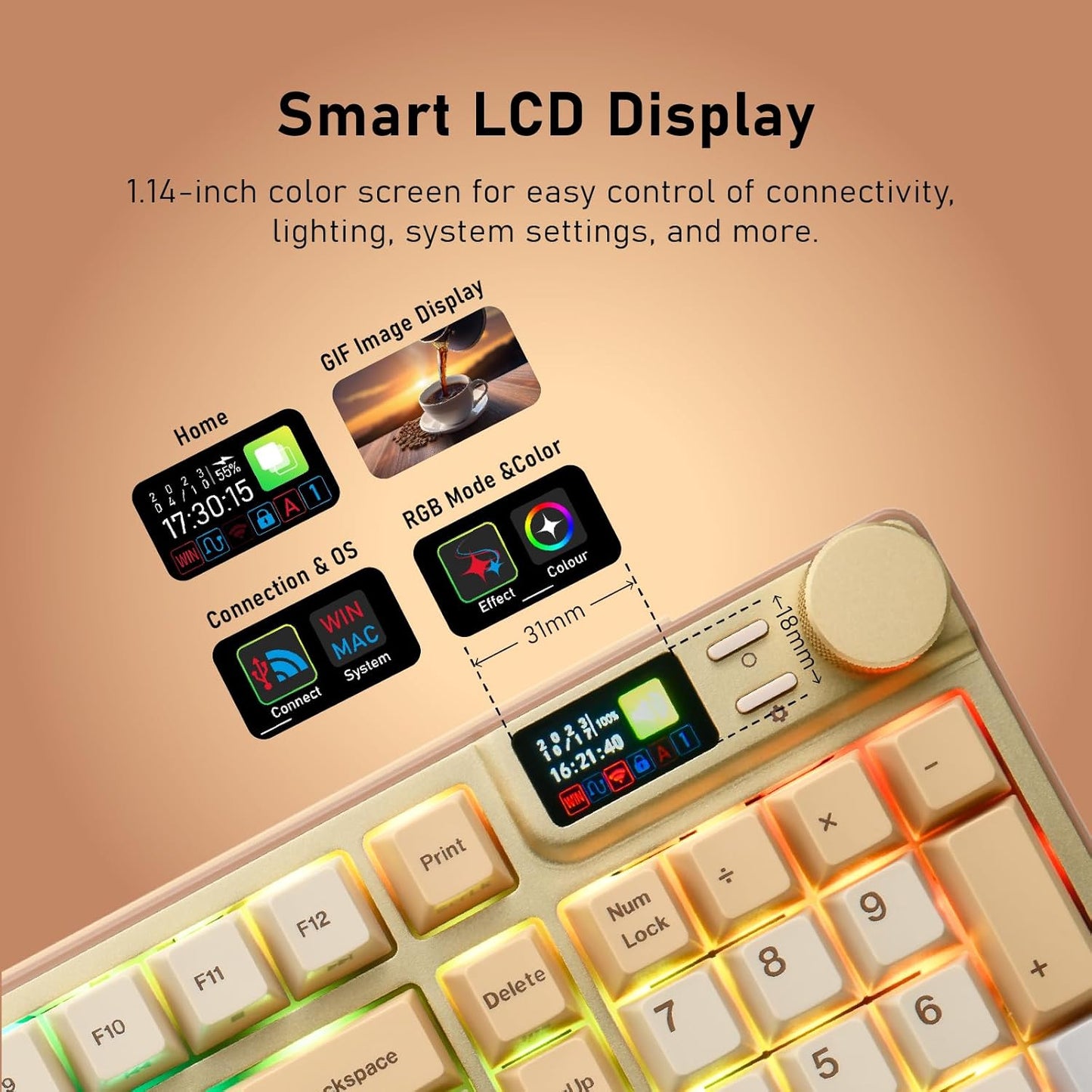 iRocks K85R Wireless RGB Backlit Mechanical Gaming Keyboard with LCD Display, Hot-Swappable Pre-lubed Brown Switches, 98 PBT Keys, USB-C Detachable Cable (Light Golden, Bubble Switch)