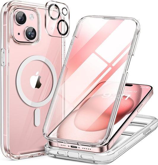 Miracase Glass Series for iPhone 15 Case [Compatible with MagSafe] Full-Body Magnetic Case with Built-in 9H Tempered Glass Anti-Fingerprint Screen Protector + Camera Lens Protector, Clear