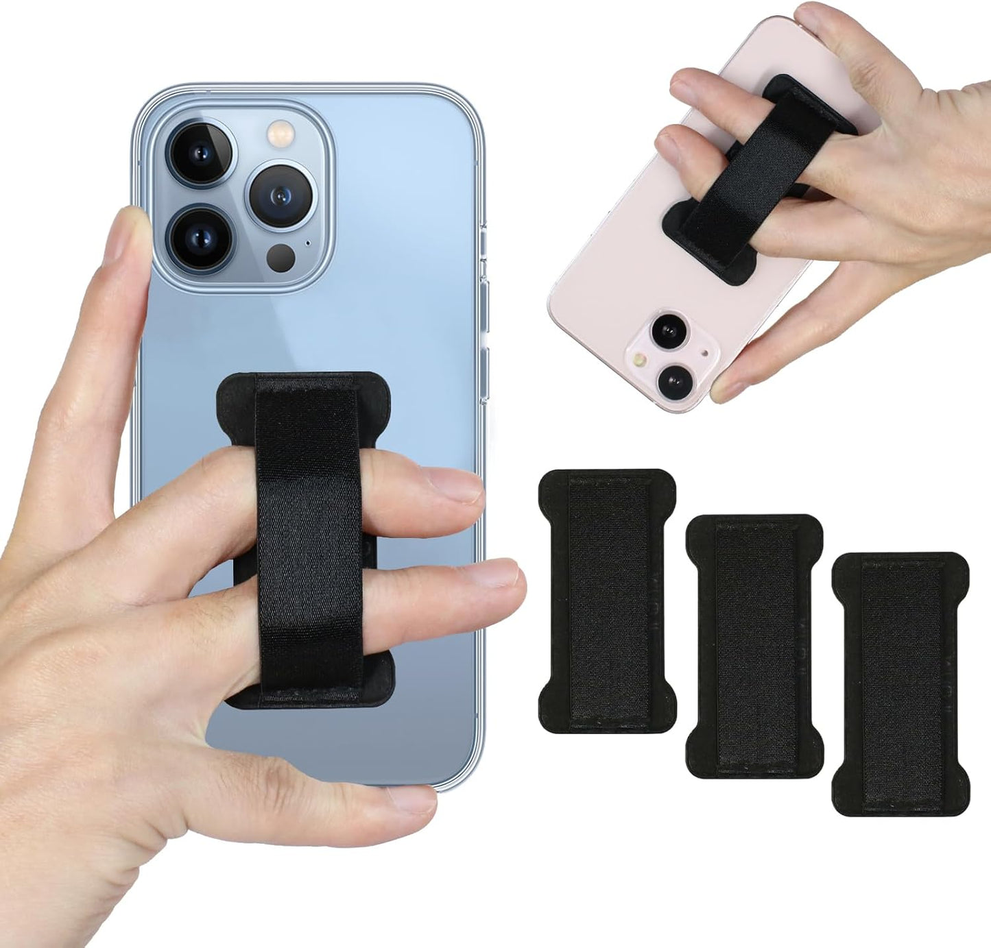 Phone Grip Holder for Hand, Universal Finger Strap Phone Holder, Finger Selfie Grip Compatible with Most Smartphones - 3Pack(Black)