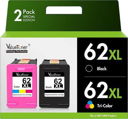 Valuetoner 62XL Ink Cartridges Black and Color Remanufactured for HP Ink 62 for HP 62XL Works with HP Envy 7640 7645 5660 5540 5640 7644 OfficeJet 5740 5741 8040 OfficeJet 200 250 258 Series (2-Pack)