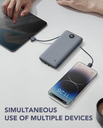 VRURC Portable Charger Built-in Cables and AC Wall Plug, USB C Power Bank 10000mAh, Travel Battery Portable Phone Charger Compact Lightweight External Battery Pack for Smart Phones, Tablets etc-Grey