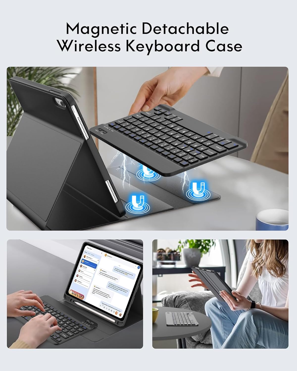 D DINGRICH for iPad 10th Generation Case with Keyboard (10.9", 2022), Smart Folio Leather Cover with Pencil Holder, Rechargeable, Magnetic Wireless Keyboard for 10.9 inch Apple iPad 10th Gen, Black