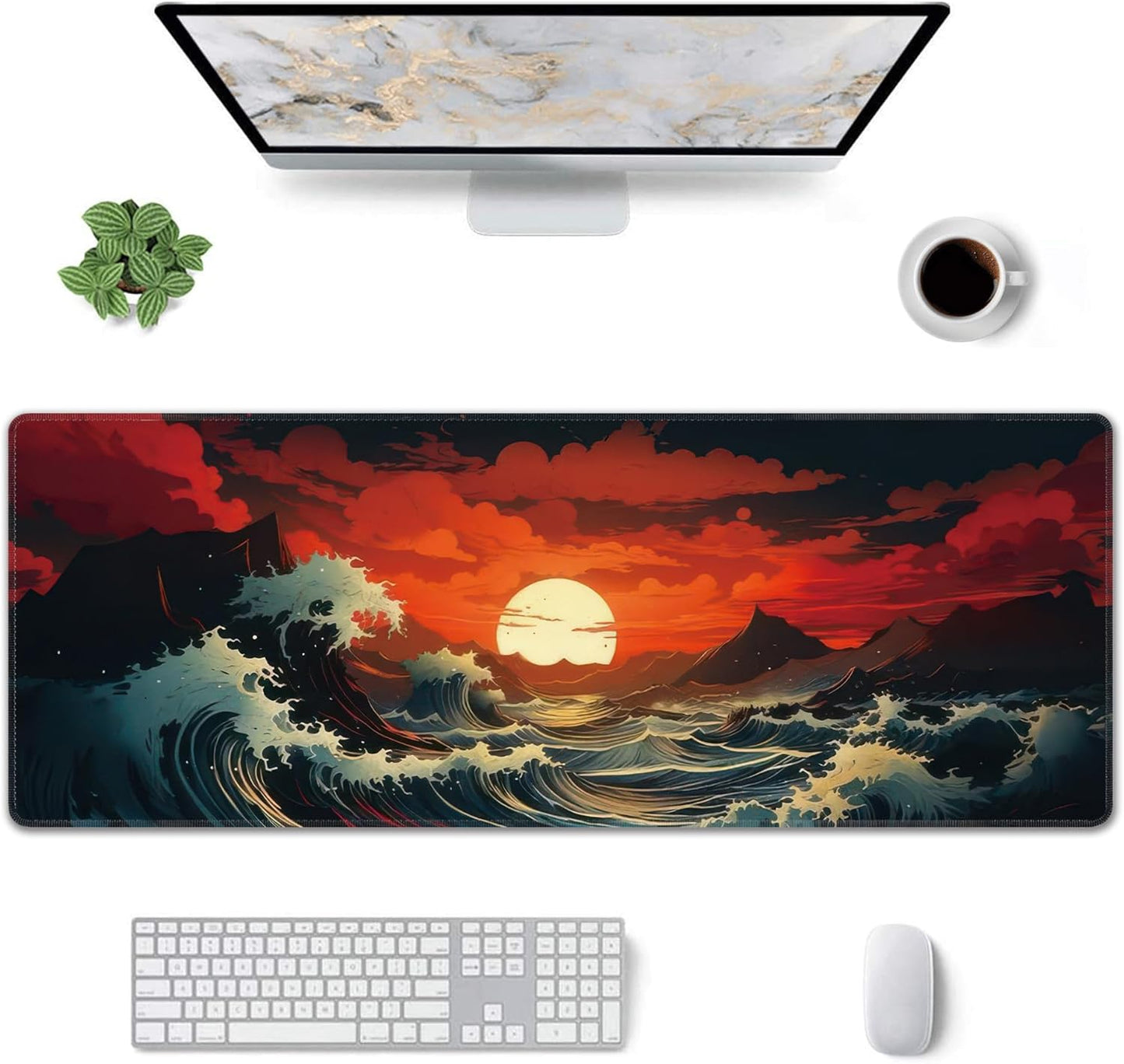 Japanese Sea Wave Large Mouse Pad,Gaming Keyboard Desk Pad,Extended Mouse Mat Non-Slip Rubber Base with Stitched Edges for Office Game Home XL 31.5"x11.8"