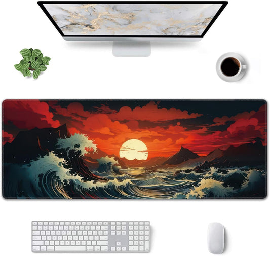 Japanese Sea Wave Large Mouse Pad,Gaming Keyboard Desk Pad,Extended Mouse Mat Non-Slip Rubber Base with Stitched Edges for Office Game Home XL 31.5"x11.8"