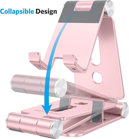 OMOTON Foldable Cell Phone Stand, C4 Portable Aluminum Phone Holder, Adjustable Phone Dock Cradle Compatible with iPhone 16/15/14/13 Pro Max, Samsung Galaxy, Small Tablets, All Smart Phones, Rose Gold