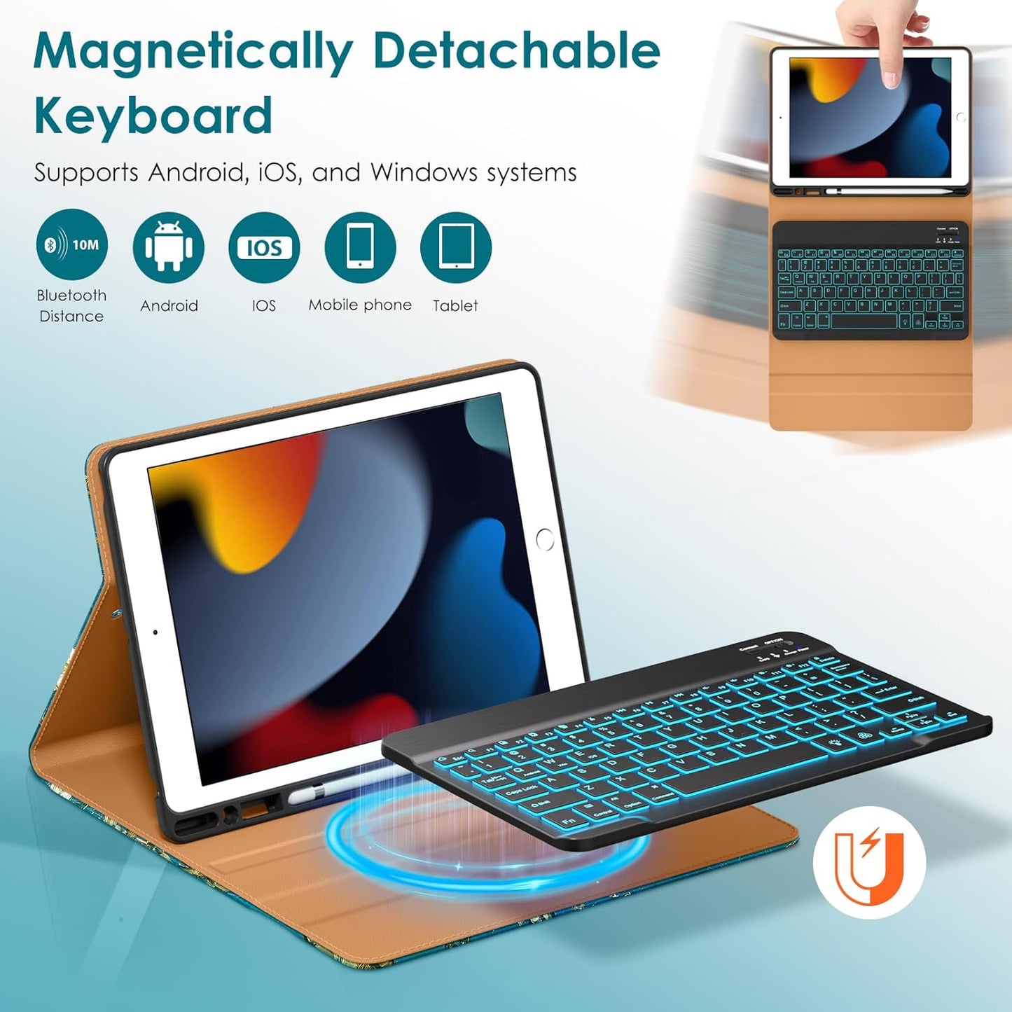 DTTO for iPad 9th/8th/7th Generation 10.2" Case 2021/2020/2019 with Keyboard, 7 Colors Backlit Wireless Detachable Keyboard Premium Leather Folio Cover with Pencil Holder & Pocket, Blossom