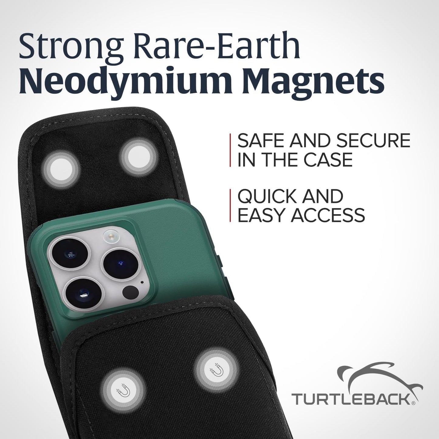 Turtleback Belt Clip for iPhone 16 Pro Max, 15 Pro Max, 14 Pro Max -Medium- Fits w/Shockproof Commuter Style Cases - Premium Black Nylon, Vertical Belt Holder Magnetic Closure, HD Rotating Clip